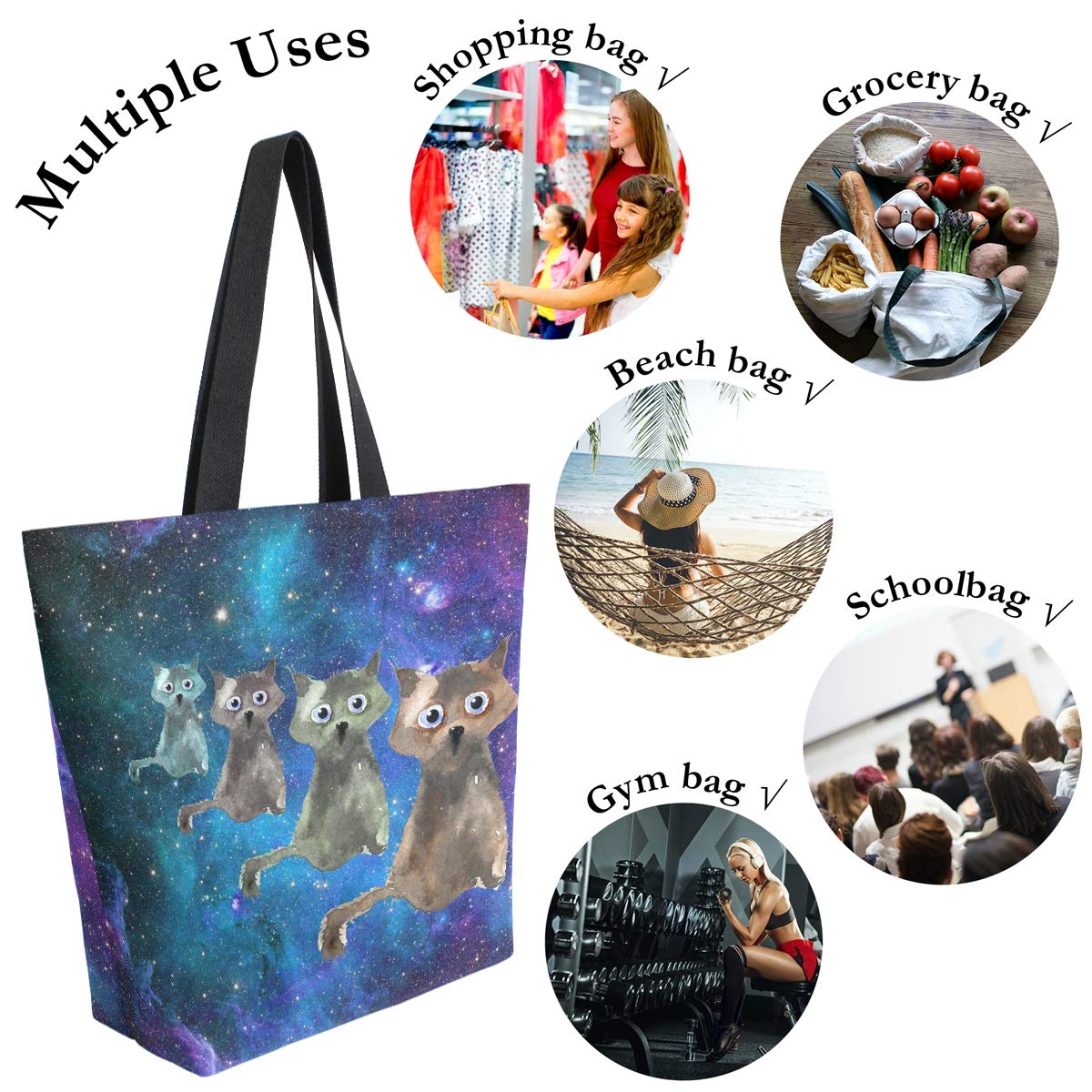 Naanle Galaxy Cats Canvas Tote Bag Large Women Casual Shoulder Bag Handbag, Universe Cats Reusable Multipurpose Heavy Duty Shopp